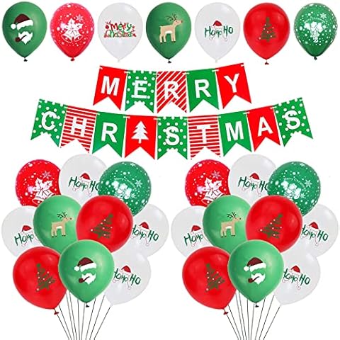 VARACL 35PCS Christmas Balloons, 12 Inch Latex Red Green White Party Balloons for Christmas Party Decorations, Christmas Birthday New Year Party Supplies - Including Merry Christmas Banner and Ribbons Cover