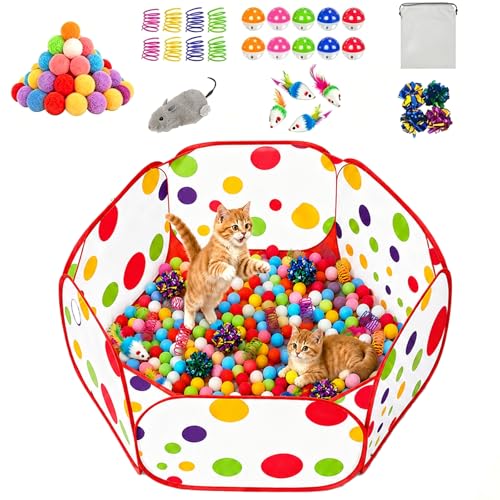 GSPIM Cat Ball Pit with 227 Pcs Interactive Cat Toys Enrichment Toys for Bored Indoor Cats Self Play Include Pom Pom Balls Jingle and Crinkle Balls Springs and Mice Toy for Kitten Fun and Exercise
