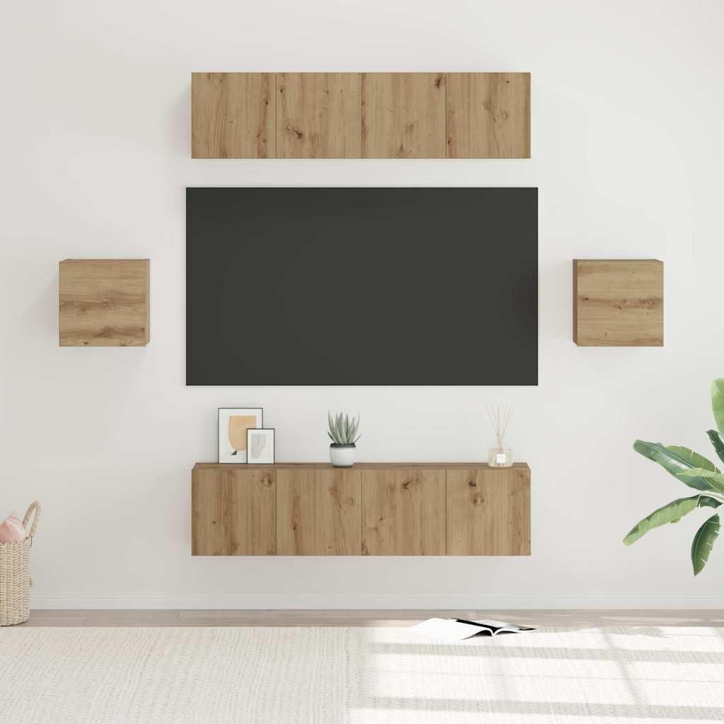 Mueble de pared para TV, 6 piezas, roble Artisan, madera, pared con bisagras, mueble de medios para sala de estar o cine en casa, 60 x 30 x 30 cm