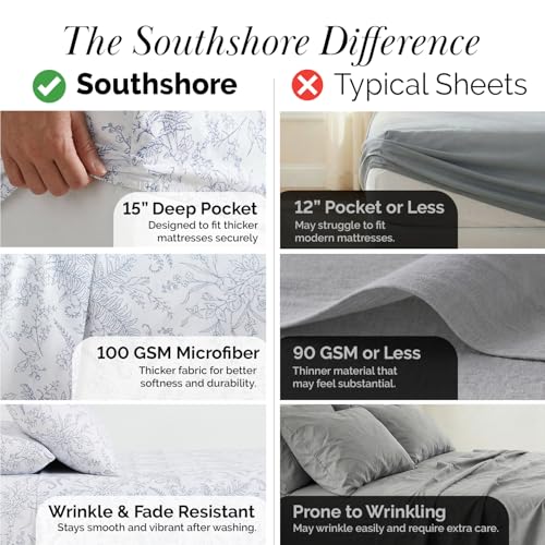 Southshore Fine Living, Inc. Winter Brush Collection, 4-Piece King Size Fitted Sheet and Pillow Cases and Flat Sheet, 15 Inch King Size Sheets Deep Pocket Set, White Sheets Set with Blue Flowers by Southshore Fine Living, Inc. - Used condition - Image 4