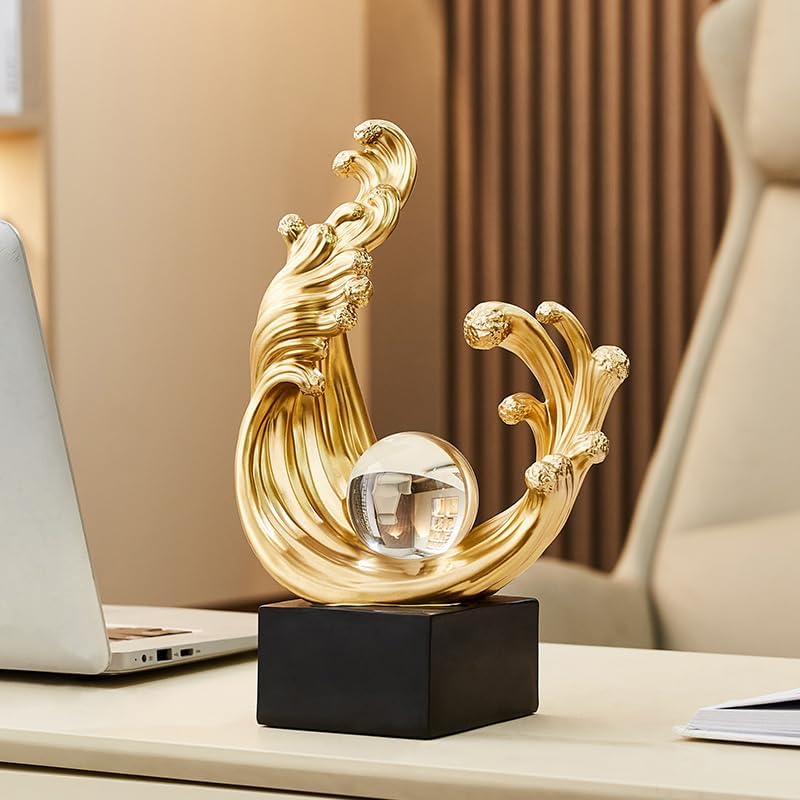 Modern Abstract Decorative Wave Statue, Gold Abstract Art Home Decor,Crystal Ball Art Wave Resin Sculpture, Office Desk Stand, Dining Table Center Decorative Aesthetics(A,Gold) - Image 3