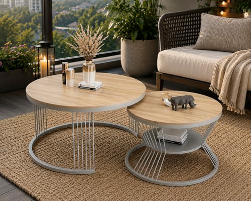 Image of The Round Coffee Table and The Stacking Tea Table with a Gold Metal Frame are Two Versatile Modern Center Tables that Look Great in Living Rooms (Cream Gry)