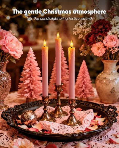 Image of Homemory 3 Pcs Waxy Pink Flameless Taper Candles with Remote Timer, LED Fake Candlesticks, 9.6 Inches Battery Tall Candle with 3D Flickering Flame for Wedding, Dinner, Christmas Anniversary Decor