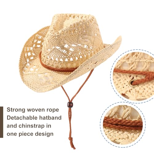 Image of DRESHOW Straw Cowboy Cowgirl Hat for Women Men Western Coastal Cowboy Beach Hat with Shapeable Brim Unisex Rolled up Caps