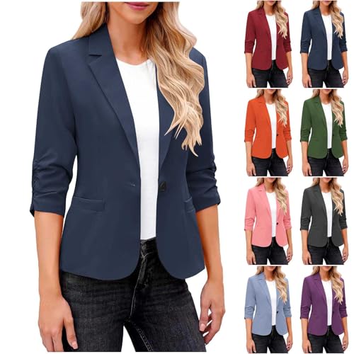 HGps8w 3/4 Sleeve Blazers for Women Dressy Open Front Suit Jackets Classic Solid One Button Casual Work Office Cardigans2