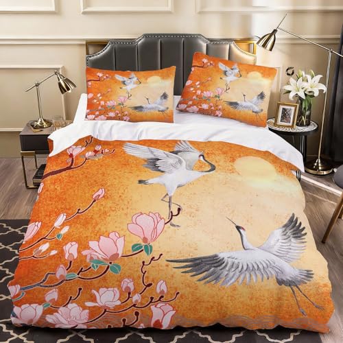 Housse de Couette 200x200 Grue Orientale, Parure de lit 200 x 200 Style Chinois avec Taies d'oreiller 2 Personnes Set de Housse Couette Microfibre Doux