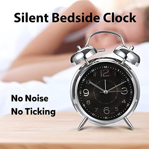 A5 Silent Non-Ticking Bedside Alarm Clock, 4" Metal Structure, Retro Vintage Design with Twin Bell, Perfect for Heavy Sleepers, Kids and Bedrooms. Analogue Quartz and Battery Operated. (BLACK DIAL)