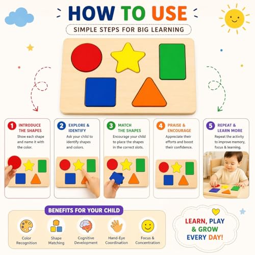 Image of Wooden Shape Sorting Puzzle for Kids | Color Recognition & Matching Toy | Montessori Learning Board for Toddlers (2,3+ Years)