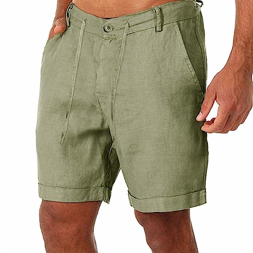 Vhersily Pantalones cortos de lino para hombre, estilo informal, clásico, con cintura elástica, para verano, playa, ligeros, ajustados, con bolsillos, verde, XXL