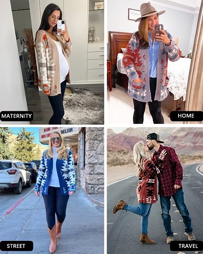 Image of FERBIA Women Boho Cardigan Aztec Open Front Loose Slouchy Sweaters Tribal Long Sleeve Knitted Christmas Jacket Coat