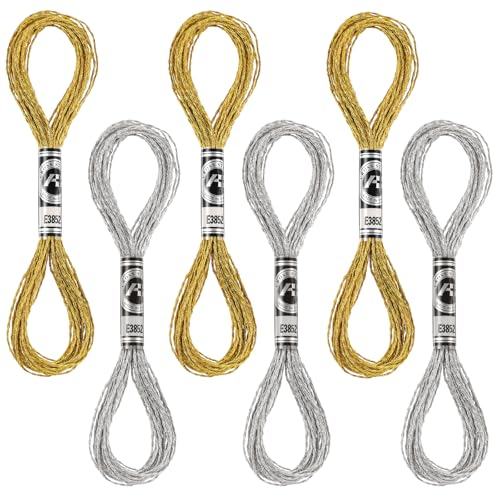 Image of Metallic Embroidery Floss, 6 Skeins Glitter Silver & Gold Embroidery-Thread Set, Embroidery Floss Set, Gold Thread for Crafts, Polyester Sewing Embroidery-Floss Cross Stitch Thread Bracelets Threads