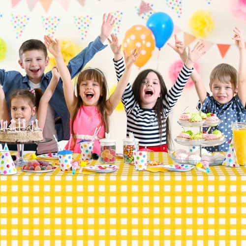 Image of 12Pack Yellow and White Plastic Checkered Tablecloth, Premium Decorative Disposable Yellow Gingham Plaid Table Cloths for Parties, Rectangle Party Table Cover for Picnic Birthday Wedding, 54x108 Inch