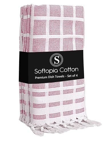 Image of Matrix Dobby Kitchen Towels 4 Pack 100% Cotton, 16x26 Inches, Decorative Tea Towels with Handmade Tassels, Absorbent Reusable Dish Cloths for Kitchen Drying - Burgundy Wine, Natural