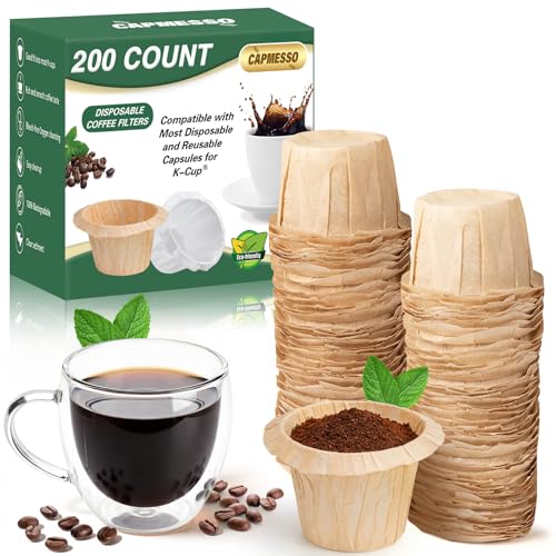 Image of CAPMESSO Disposable Coffee Paper Filters, 200 Count Keurg Cup Coffee Filters Compatible with Keurig Brewers Reusable Single Serve 1.0 and 2.0 Coffee Maker (200 Count, Unbleached)