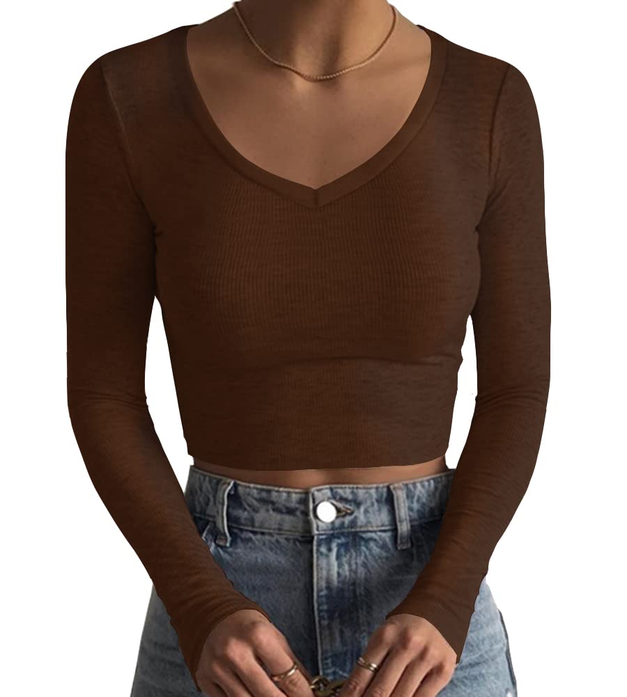 ArtfishWomen's Long Sleeve V Neck Crop Top Ribbed Knit Slim Fitted Basic  T-Shirts