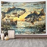 DYNH Gone Fishing Tapestry, Summer Lake Bass Tapestries, Rustic Wood Fishing Themed Wall Hanging Decor for Fisherman Party Bedroom Living Room,60X40Inches