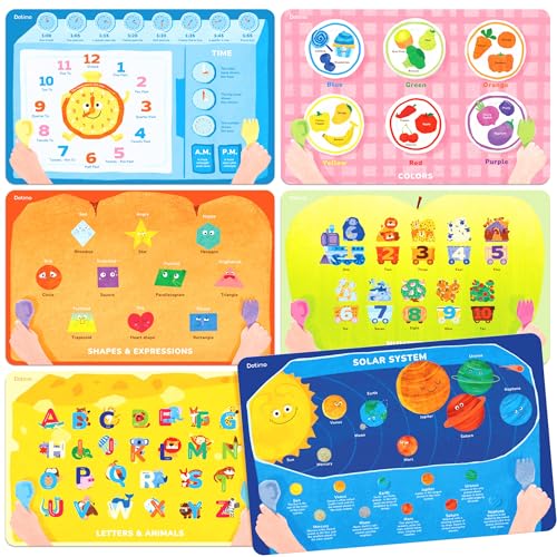 Comparison: Best Placemats For Kids 10 Dotimo 6 Pack Kids Placemats for Dining Table - Educational PVC Mats with 6 Learning Themes (Alphabet, Numbers, Planets & More), Non-Slip, Wipeable & Reusable for Toddlers, Homeschool & Classroom