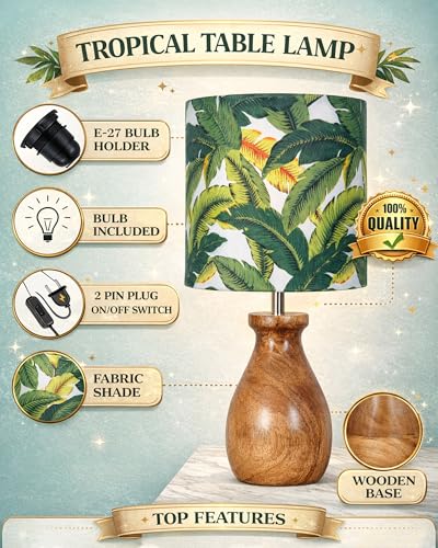 Image of Homesake Dovel Pot Modern CFL Table Lamp, Wooden Base Modern Fabric Lampshade for Home Office Cafe Restaurant, Dovel Pot, Leafy Affair (Leafy)
