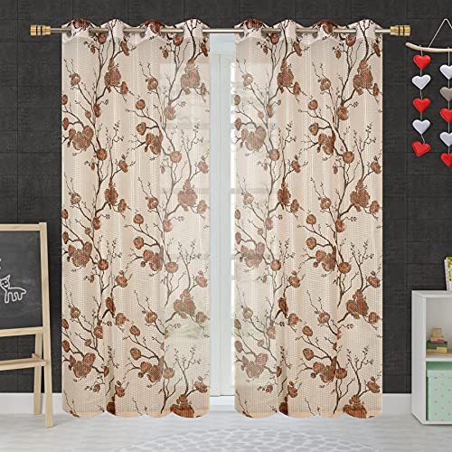 Image of Premium Polyester Floral Sheer Printed Net Combination Transparent Beautiful Curtains Set of 3 Piece for Door Brown 8 Feet