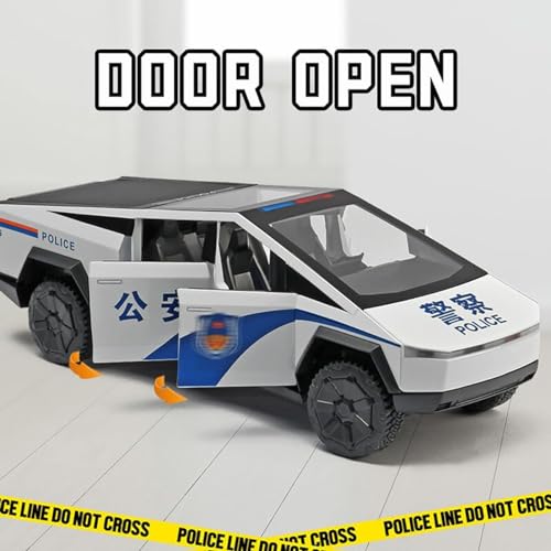 Image of 1:24 Scale Die-Cast CyberTruck Police【Free Wheel】 with 6 Openable Doors,Steerable Tyres,Working Horn,Working Lights【Pack of 1】 (White)