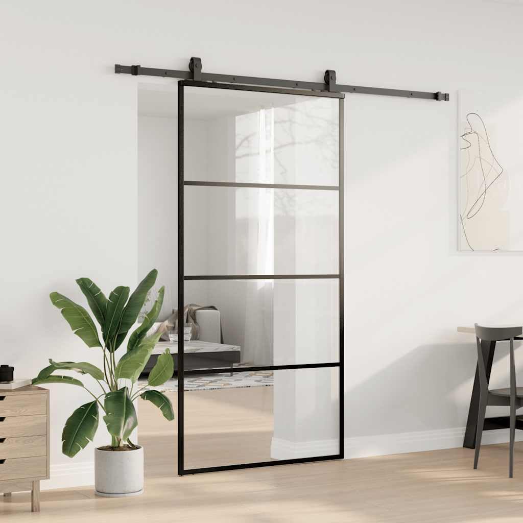 Drzwi przesuwne czarne z okuciem, szkło ESG, 102,5 x 205 cm, malowana proszkowo szyna ślizgowa, drzwi wewnętrzne do mieszkania, domu, garażu, zajmują mało miejsca, ciche przesuwanie