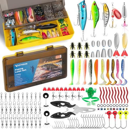 WITOROR Fishing Lures, 144Pcs Tackle Box Included Crankbaits, Spoon, Hooks, Jigs, Weights and More...