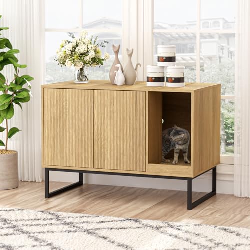 Cat Litter Box Enclosure, Fluted Hidden Litter Box Furniture with Scratch Pad and Metal Legs, Modern...