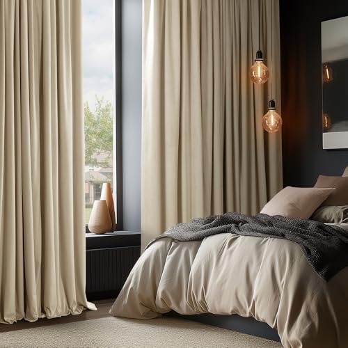 HPD Half Price Drapes Signature Velvet Thermal Blackout Curtains for Living Room 96 Inch Long (1 Panel) Rod Pocket Insulated Blackout Curtains for Bedroom Window Curtains, 100W x 96L, Ivory