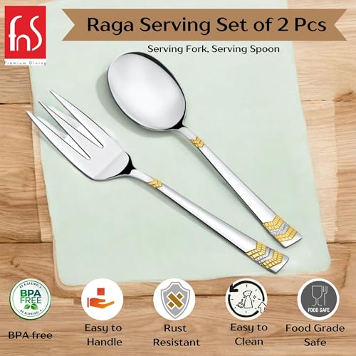 Image of FnS RAGA 24 Karat Gold Plated Stainless Steel Serving Set of 2 (1 Serving Spoon, 1 Serving Fork) for Home, Kitchen and Dinning