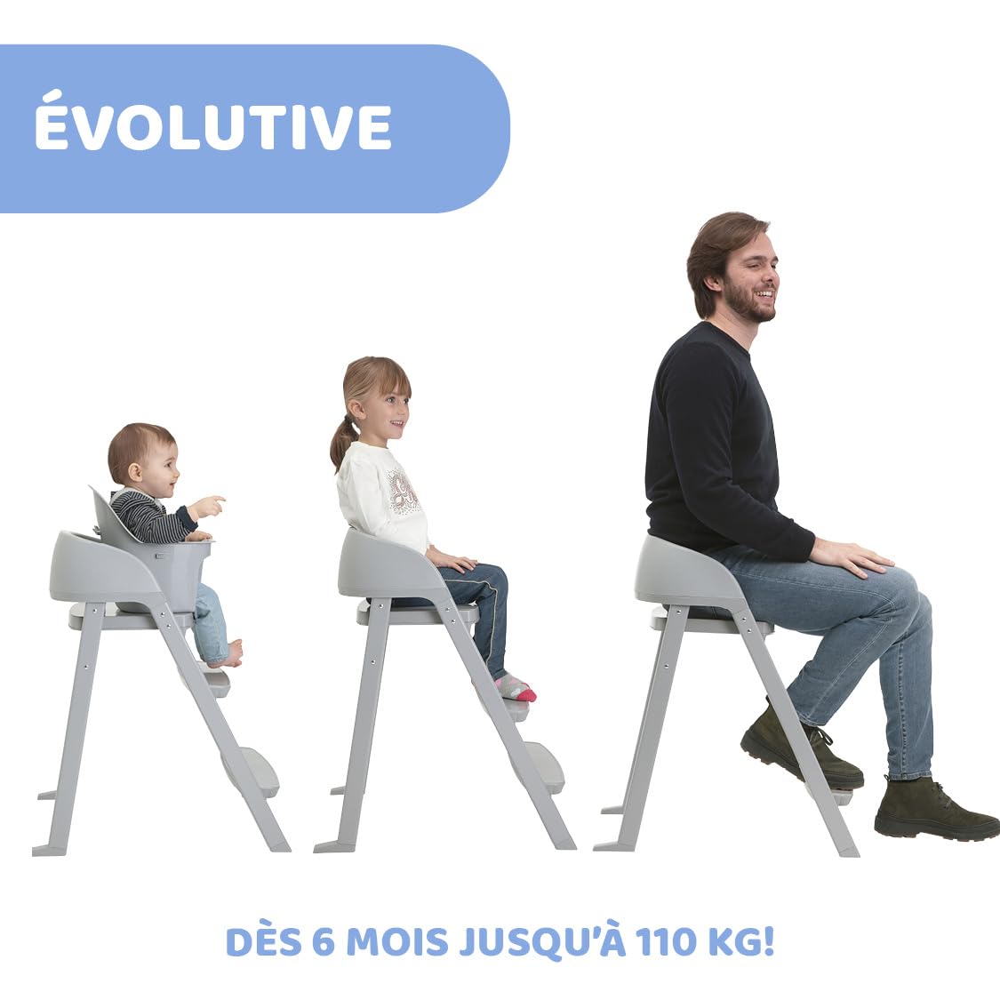 Chicco Chaise haute Crescendo Lite pour bébés dès 6 mois, évolutive jusqu'à 110 kg, 3 configurations, convertible en chaise enfant et adulte, repose-pieds réglable, pliage compact, Milan Mist