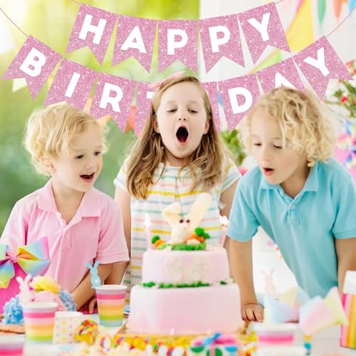 Image of Hooqict Happy Birthday Banner Pink Birthday Decorations for Girls Women 1st 2nd 3rd 13th 21th 30th Pink Party Banner Garland Sign Party Supplies Wall Porch Door Hanging Decor