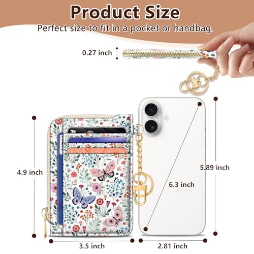 Image of Giancomics Slim Wallet Credit Card Holder Women, Butterfly Flowers Rfid Blocking Small Card Case, Keychain Thin Pocket Curved Zipper Wallet, Travel Card Holder PU Leather ID Window, Ladies Female Gift