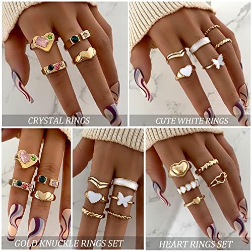 Dodder 70 Pcs Vintage Gold Knuckle Rings Set For Women Girls, Boho Crystal Finger Rings Aesthetic Heart Chunky Ring, Silver Stackable Midi Rings Pack For Gift #TOP3