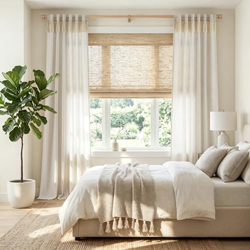 Image of jinchan Linen Curtains for Living Room Bedroom Light Filtering Semi Sheer Curtains Boho Farmhouse French Country Cottage Core Decor Window Drapes Back Tab 90 Inch Length Tassel Beige