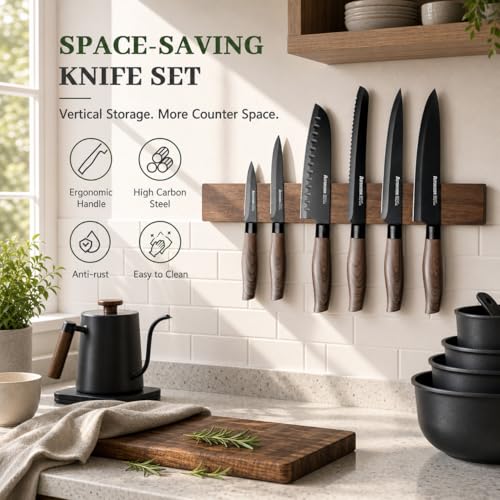 Image of Astercook Knife Set, 13-Piece Kitchen Knives Set with 6 Blade Guards, Black Anti-Rust & Non-Stick Coating, Dishwasher Safe Stainless Steel Knives, Ergonomic Handle, Perfect for Holiday Gifts