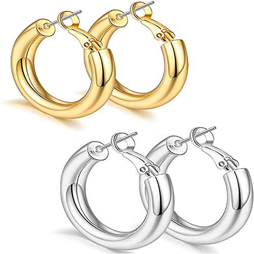 2 Pairs Thick Chunky Gold Hoop Earrings Set 14K Gold Plated Silver Tube Lightweight Hollow Open Hoops Earrings for Women Girls Jewelry-A 30mm