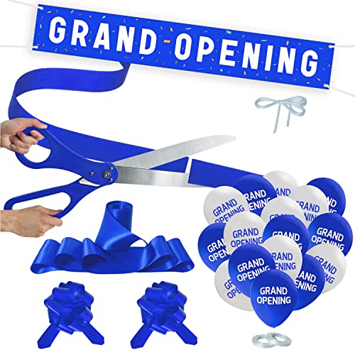 Grand Opening Blue Ribbon Cutting Ceremony Kit - 25 Giant Scissors with Blue Satin Ribbon Banner Balloons Bows and More Supplies Grand Opening Decorations for Business