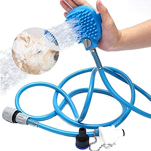 DIQC 2 en 1 pulverizador de ducha para mascotas, cepillo de masaje, rociador de ducha de perro de mano, baño interior al aire libre (2.5 m), color azul Cover