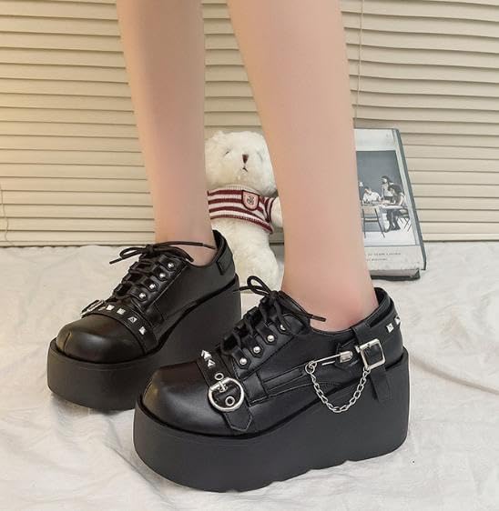 UniqueStride Women Studded Chain Buckle Mary Janes Lace Up Pumps Wedge Platform Round Toe Flats Shoes Punk Goth Pump Shoe