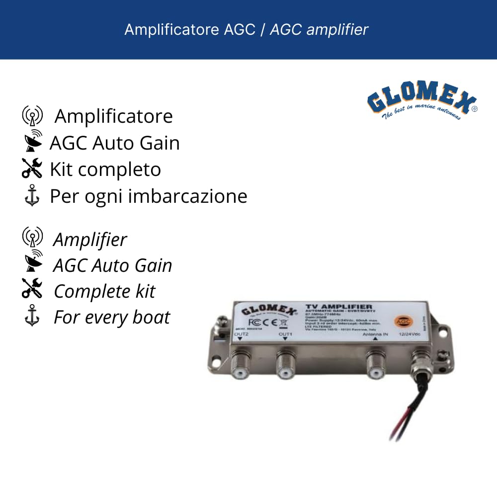 Glomex – Amplificatore TV/FM con Controllo Guadagno Automatico (AGC) 12/24Vdc, Modello 50023/14 – 2 Uscite, per Antenne TV Non Pre-Amplificate, Per barche a vela, motore, gommoni, yacht