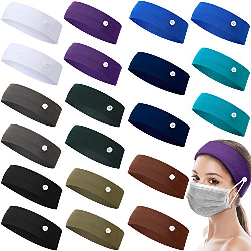 20 Pieces Elastic Button Headband, Cotton Stretch Sport Headband Yoga Workout Running Turban Multicolor Ear Protection Holder for Men Women (Classic Solid Colors,Large)