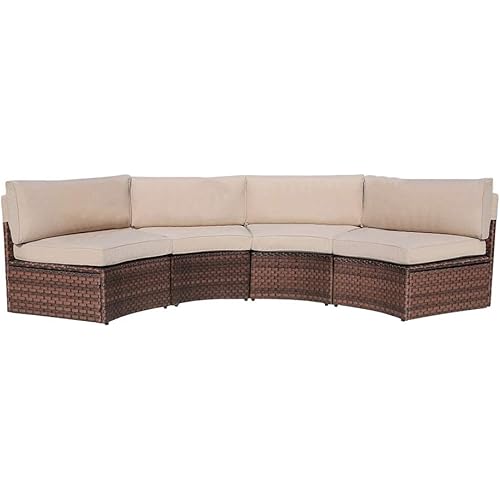SUNSITT 4-Piece Outdoor Half-Moon Sectional Wicker Sofa Set Patio Furniture, Brown PE Rattan and Beige Cushions