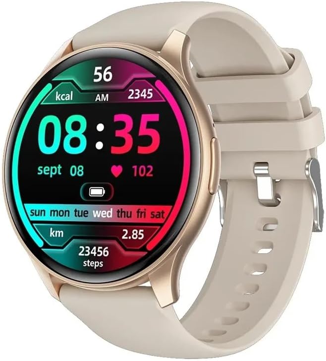 ZW60 Smartwatch with a beige strap and gold casing, displaying time and health metrics.