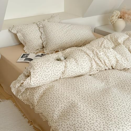 Image of BuLuTu Vintage Floral Design Kids Duvet Cover Twin Cottage Camellia Print Comforter Cover with Ruffles Soft Muslin Cotton Quilt Cover for Girls Boys, Zipper & Corner Ties, No Pillowcase