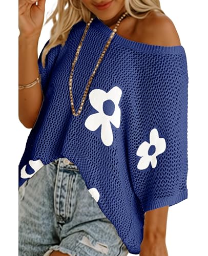 Image of SELINK Flower Crochet Tops for Women Short Sleeve Hollow Out Sweaters Swimsuit Cover Ups Lightweight Knit Pullover