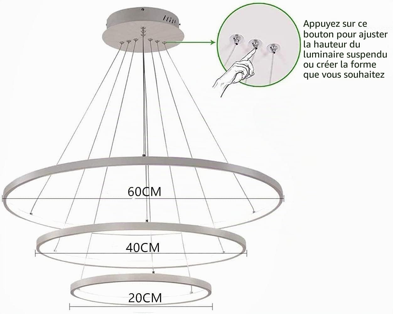 Suspension LED Dimmable 115W, Lustre Salon Moderne, Hauteur Réglable, Noir