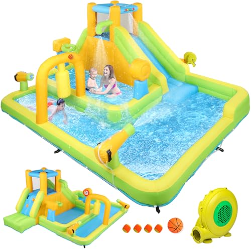 JOYMOR 10-in-1 Inflatable Water Slide Bounce House w/Deeper Pool, Obstacle Course, Climbing Wall, 1min Blow Up Water Slides for Kids Backyard Party Gift (Yellow & Green)