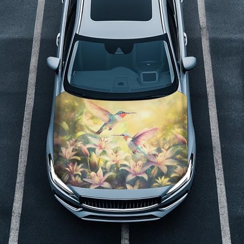 Image of Hummingbird Lily Print Car Hood Cover Stretch Polyester Fabric Car Hood Cover Snowproof Car Hood Accessories Easy Installation for Car Hood Decor and Protection