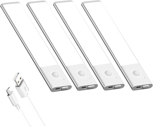 Diomart Under Cabinet Lights Wireless, 30-LED Motion Sensor LED Closet Light Rechargeable, Motion Sensor Light Indoor Stick on Under Counter Lights for Kitchen, Stairs, 4 Pack