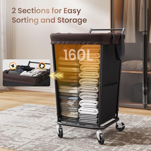 160L Laundry Hamper with Wheels and Handle, 2-Section Rolling Hamper for Laundry, Large Laundry Basket with Wheels, Rolling Laundry Basket Clothes Hamper for Home, Bathroom and Dorm(Black) - Image 5